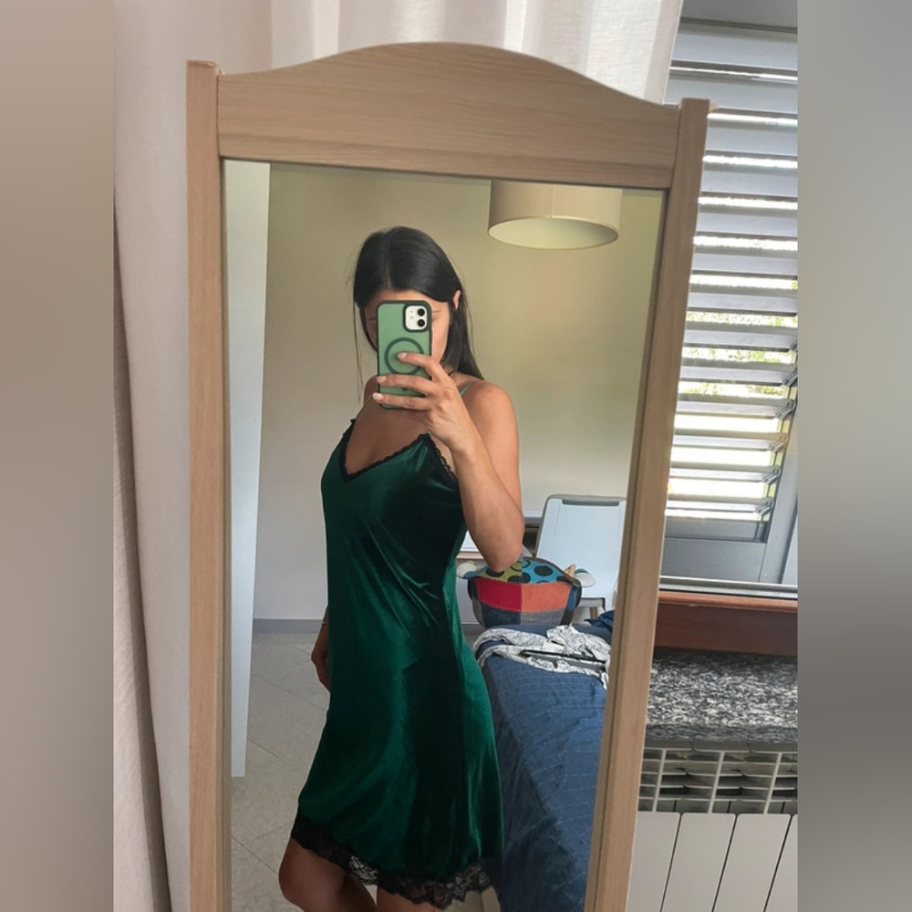 Emerald Green Slip Dress with Black Lace Trim